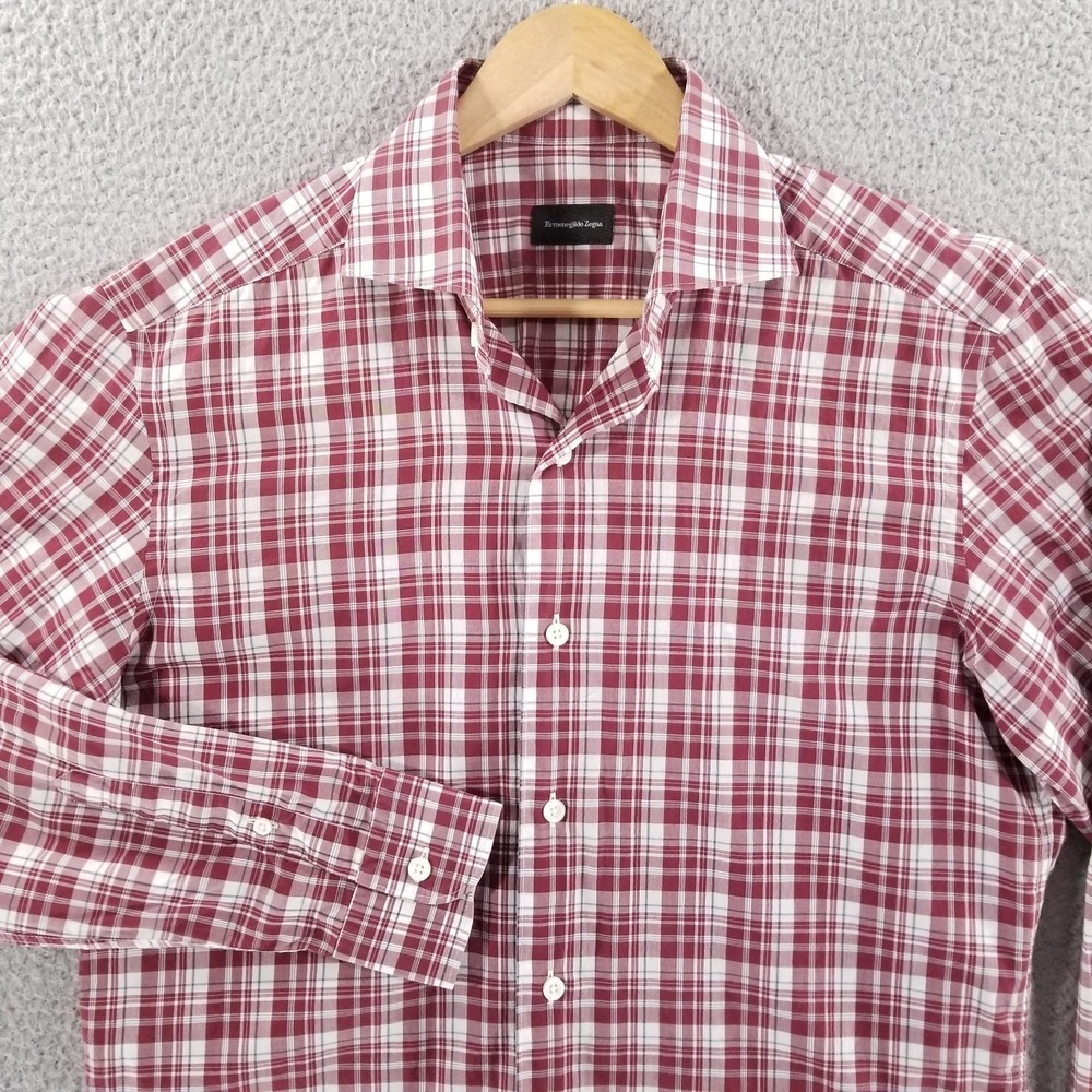 Ermenegildo Zegna Shirt Mens Medium Maroon White Plaid Cotton Button Front Dress